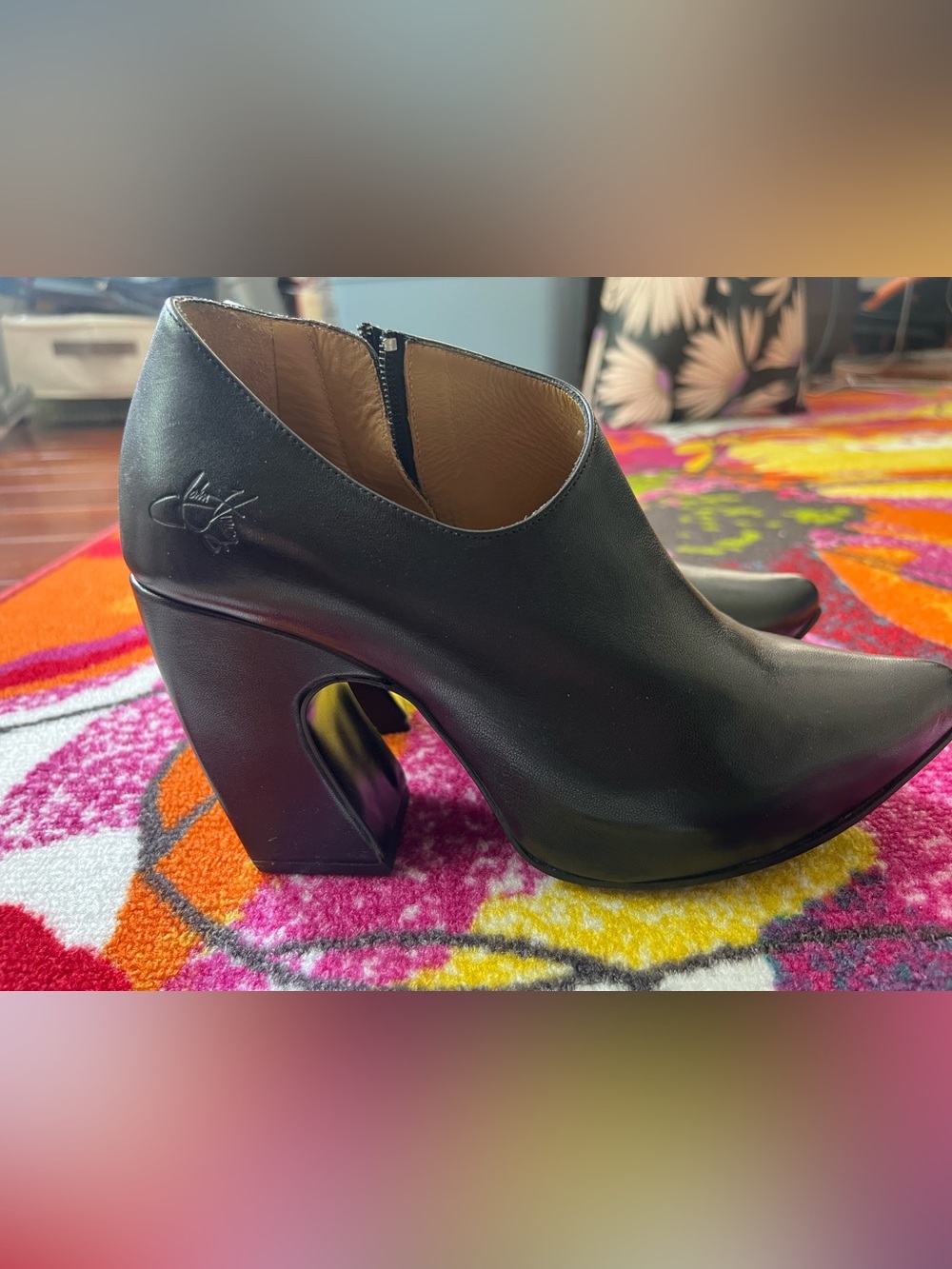 John Fluevog Fast Cars: Drifting, Black Leather Cutout Block Heel Bootie